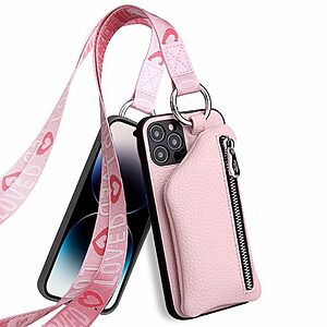 Θήκη iPhone 14 Pro Mad Mask πλάτη δερματίνης με κορδόνι και πορτοφόλι με φερμουαρ από αντικραδασμικό TPU ροζ
