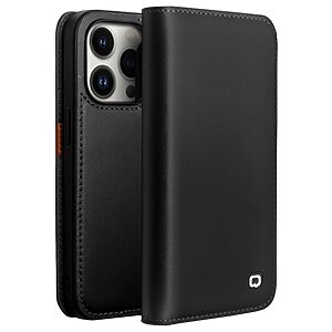 Θήκη iPhone 14 Pro QIALINO book από Premium αυθεντικό γυαλιστερό δέρμα Genuine Cowhide μαύρο