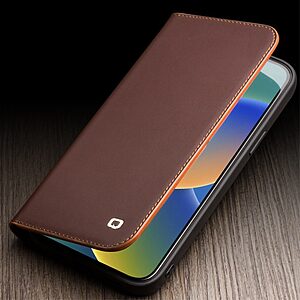 Θήκη iPhone 14 Plus QIALINO book από Premium αυθεντικό γυαλιστερό δέρμα Genuine Cowhide καφέ - Image 3