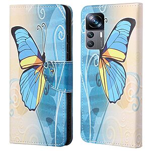 Θήκη Xiaomi 12T / 12T Pro OEM Blue Butterfly & Flowers με βάση στήριξης