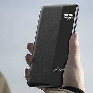 Θήκη Huawei P50 Pro OEM Half Mirror View Stand Cover v5 με μαγνητικό κούμπωμα από συνθετικό δέρμα γκρι - Image 3