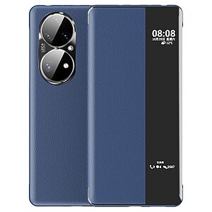 Θήκη Huawei P50 Pro OEM Half Mirror View Stand Cover v5 με μαγνητικό κούμπωμα από συνθετικό δέρμα μπλε σκούρο