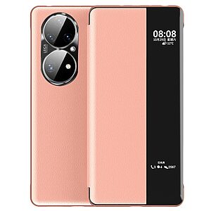 Θήκη Huawei P50 Pro OEM Half Mirror View Stand Cover v5 με μαγνητικό κούμπωμα από συνθετικό δέρμα ροζ χρυσό