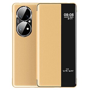 Θήκη Huawei P50 Pro OEM Half Mirror View Stand Cover v5 με μαγνητικό κούμπωμα από συνθετικό δέρμα χρυσό