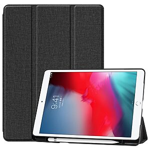Θήκη Tri-Fold Flip Cover με υφασμάτινη επένδυση για iPad (2019/2020/2021) 10.2" και ειδική θέση για πενάκι σε χρώμα μαύρο