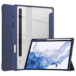 Θήκη Tri-Fold Flip Cover για Galaxy Tab S7/S8 11" με ειδική θέση για πενάκι και διάφανη ενισχυμένη πλάτη σε χρώμα μπλε σκούρο