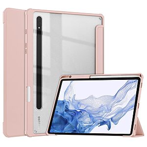 Θήκη Tri-Fold Flip Cover για Galaxy Tab S7/S8 11" με ειδική θέση για πενάκι και διάφανη ενισχυμένη πλάτη σε χρώμα ροζ χρυσό