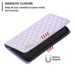 Θήκη Samsung Galaxy S23 BINFEN COLOR Rhombus Pattern Series με βάση στήριξης, υποδοχές καρτών και μαγνητικό κούμπωμα μωβ - Image 4