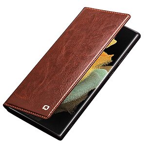Θήκη Samsung Galaxy S23 Ultra QIALINO book από Premium αυθεντικό γυαλιστερό δέρμα Genuine Cowhide καφέ - Image 4