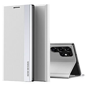 Θήκη Samsung Galaxy S23 Ultra New Design Invisible Magnet Leather Stand Cover με μαγνητικό κούμπωμα από συνθετικό δέρμα λευκό