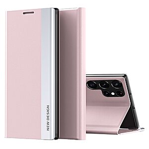 Θήκη Samsung Galaxy S23 Ultra New Design Invisible Magnet Leather Stand Cover με μαγνητικό κούμπωμα από συνθετικό δέρμα ροζ