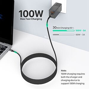 Καλώδιο Φόρτισης 100W Type C WOTOBE 2μ για MacBook - 5A Φόρτιση και Ταχεία Μετάδοση Δεδομένων - Μαύρο - Image 3