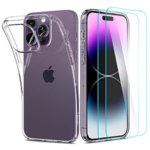 Spigen® Crystal Pack για iPhone 14 Pro Max: Πακέτο Πλήρους Προστασίας με Λεπτή Θήκη Liquid Crystal και [x2.Σετ] Προστατευτικά Γυαλιά Glas.TR 0.2mm | 9H