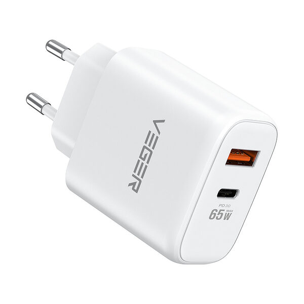 Φορτιστής LAPTOP VEGER GaN 65 Watt Mini Quick Charger με 2xθύρες USB Type-C και USB-A PD 65W υποστηρίζει φόρτιση laptop και iphone 14/ PD 3.0/ QC 3.0/ SuperCHARGE PPS (TC650 ) λευκό