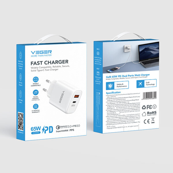 Φορτιστής LAPTOP VEGER GaN 65 Watt Mini Quick Charger με 2xθύρες USB Type-C και USB-A PD 65W υποστηρίζει φόρτιση laptop και iphone 14/ PD 3.0/ QC 3.0/ SuperCHARGE PPS (TC650 ) λευκό