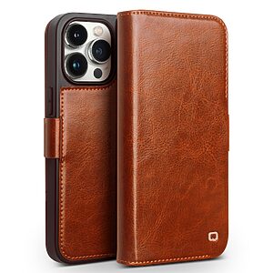 Θήκη iPhone 15 Pro Max QIALINO book με μαγνητικό κούμπωμα από Premium αυθεντικό δέρμα Genuine Cowhide καφέ ανοιχτό