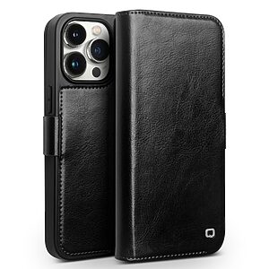 Θήκη iPhone 15 Pro Max QIALINO book με μαγνητικό κούμπωμα από Premium αυθεντικό δέρμα Genuine Cowhide μαύρο