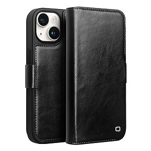 Θήκη iPhone 15 QIALINO book με μαγνητικό κούμπωμα από Premium αυθεντικό δέρμα Genuine Cowhide μαύρο