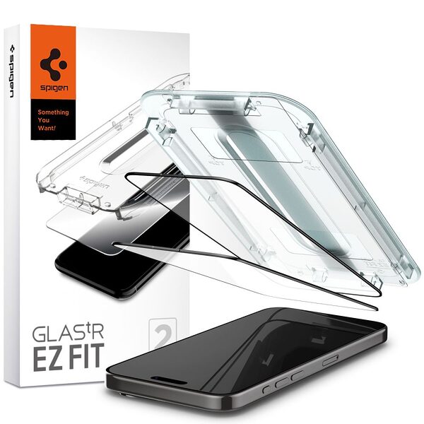 Spigen® Tempered EZ Fit GLAS.tR για iPhone 15 Pro Max Γυαλί Προστασίας οθόνης 9H [x2.Σετ] με Εργαλείο Τοποθέτησης EZ Fit - Black