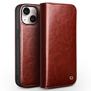Θήκη iPhone 15 Plus QIALINO book με μαγνητικό κούμπωμα από Premium αυθεντικό δέρμα Genuine Cowhide καφέ