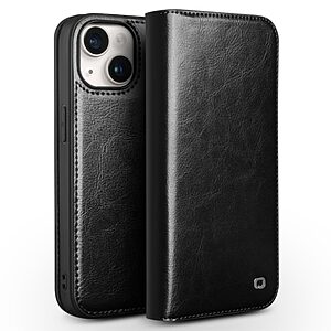 Θήκη iPhone 15 Plus QIALINO book με μαγνητικό κούμπωμα από Premium αυθεντικό δέρμα Genuine Cowhide μαύρο