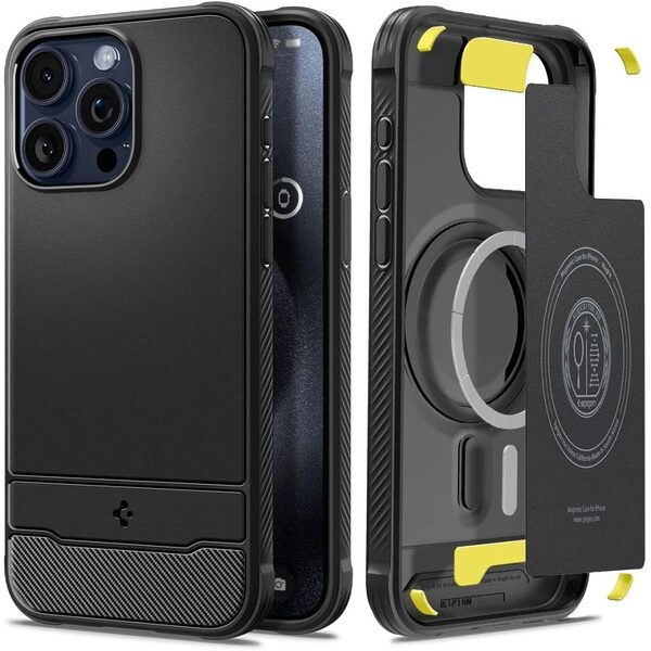 Spigen® Rugged Armor (MagFit) για iPhone 15 Pro Max: Θήκη με αντικραδασμικό αφρό MagSafe και Λεπτομέρειες Carbon Fiber - Matte Black