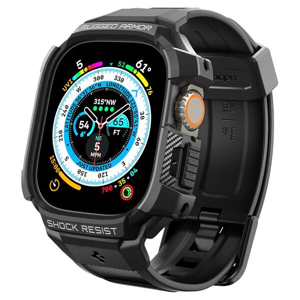 Spigen® Rugged Armor Pro για Apple Watch Ultra 1 / 2 (49mm): Υψηλής Ποιότητας Θήκη με Carbon Fiber και Ενσωματωμένο Ρυθμιζόμενο Λουράκι - Black