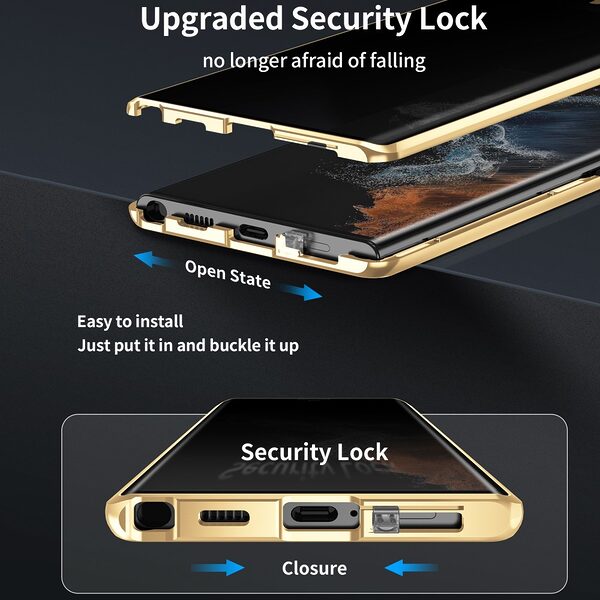 Θήκη Samsung Galaxy S24 5G Mad Mask Metal Frame Series με μαγνητικό μεταλλικό πλαίσιο και διπλό Anti-Spy Φιμέ Tempered Glass για προστασία 360° μοιρών χρυσό - Image 3