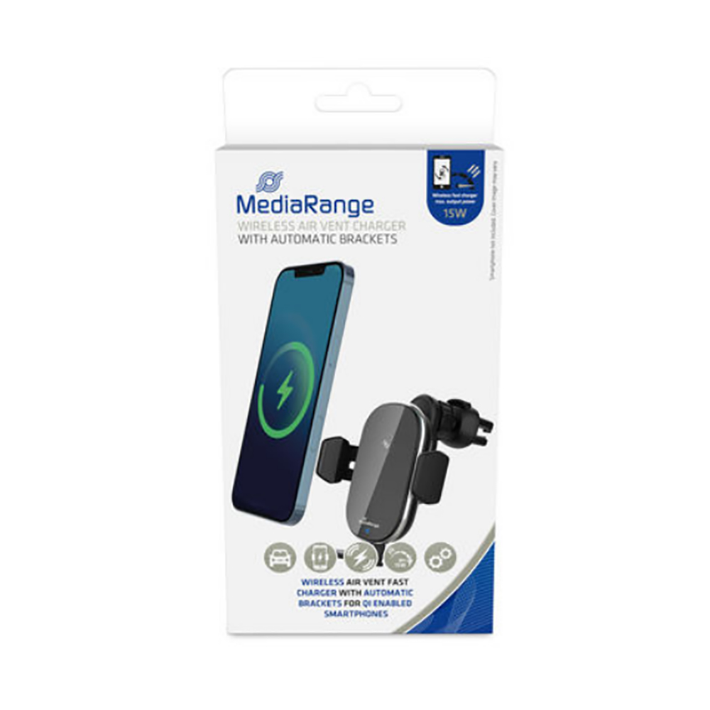 0052820_0 MediaRange 15W wireless air vent car charger, with automatic brackets, black (MRMA117) - Image 1