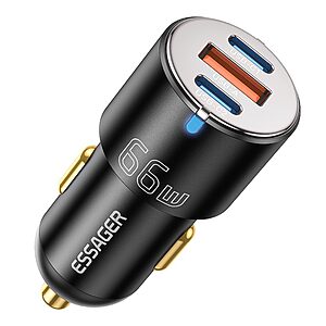 ESSAGER F689 66W Διπλή USB C+USB A 3 Θύρες Φορτιστής Αυτοκινήτου - Μαύρο