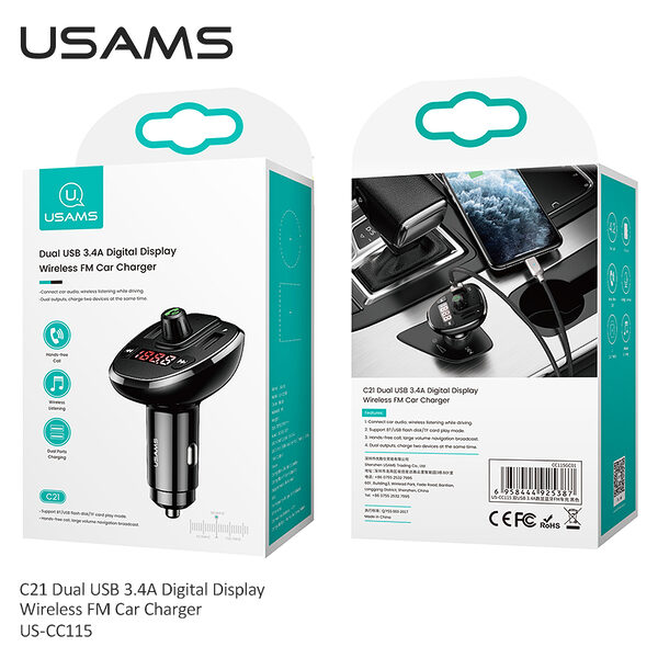 usams cc115 fm transmitter autokinitou kai fortistis c21 2 x ports usb a 3 4a bluetooth kai digital display 49 5