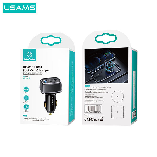 usams cc141 fortistis autokinitou c24 105w 3 x ports 1 x usb a 2 x type c 48 5