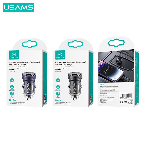 usams cc175 mini fortistis autokinitou c35 45w 2 x ports 1 x usb a 1 x type c 46 5