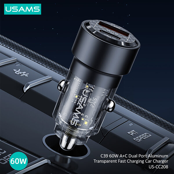 usams cc208 fortistis autokinitou c39 fast charging 60w 2 x ports 1 x usb a 1 x type c 43 2