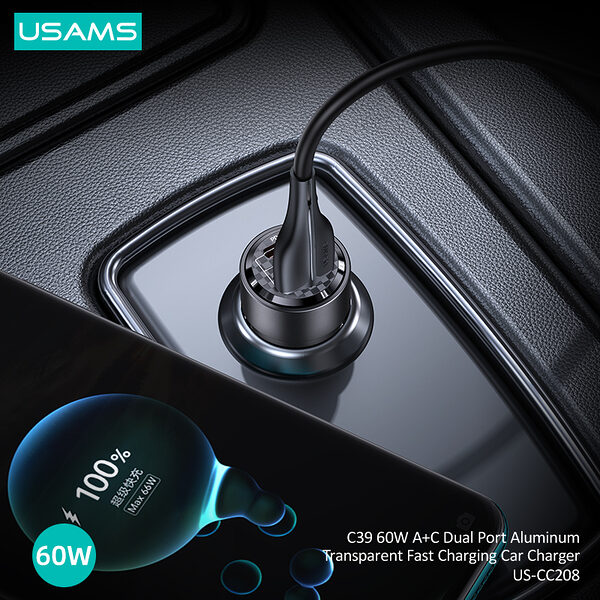 usams cc208 fortistis autokinitou c39 fast charging 60w 2 x ports 1 x usb a 1 x type c 43 3