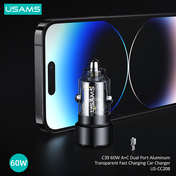 usams cc208 fortistis autokinitou c39 fast charging 60w 2 x ports 1 x usb a 1 x type c 43 4