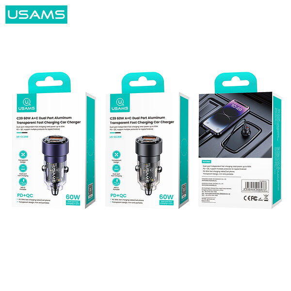 usams cc208 fortistis autokinitou c39 fast charging 60w 2 x ports 1 x usb a 1 x type c 43 5