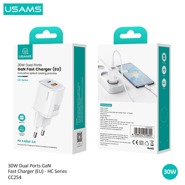 usams cc254 hc series epitoichios fortistis gan fast charger 30w 2 x port usb a kai type c 32 5