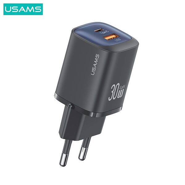 USAMS CC254 HC Series επιτοίχιος φορτιστής GaN Fast Charger 30W 2 x port USB-A και Type-C (CC254TC01) - μαύρο