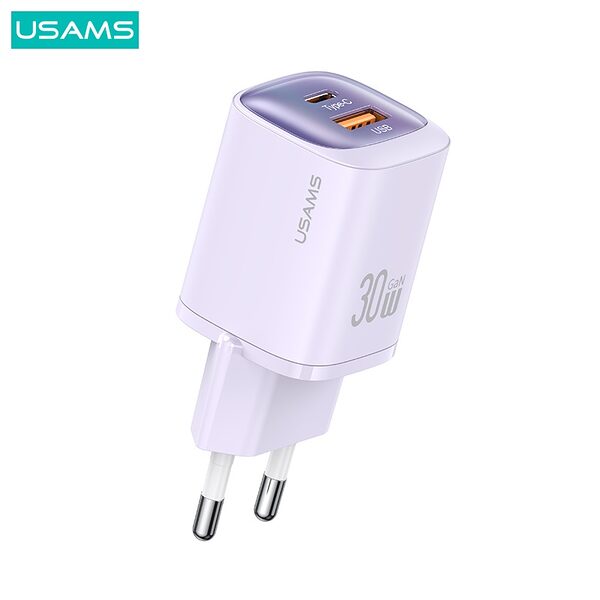 USAMS CC254 HC Series επιτοίχιος φορτιστής GaN Fast Charger 30W 2 x port USB-A και Type-C (CC254TC02) - λευκό