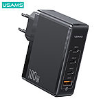 USAMS US-CC163 T50 επιτοίχιος φορτιστής GaN Fast Charger 100W 4 x Ports 1 x USB-A και 3 x Type-C (CC163TC01) μαύρο