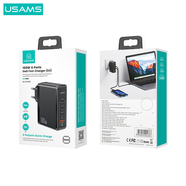 usams us cc163 t50 epitoichios fortistis gan fast charger 100w 4 x ports 1 x usb a kai 3 x type c 35 5