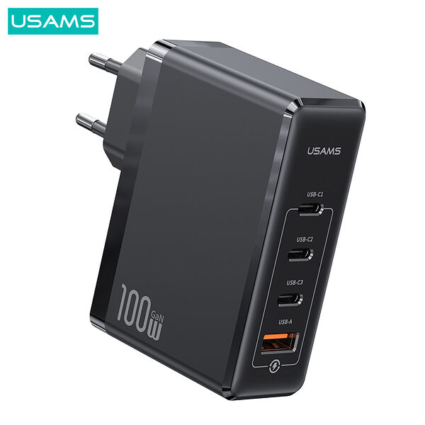 USAMS US-CC163 T50 επιτοίχιος φορτιστής GaN Fast Charger 100W 4 x Ports 1 x USB-A και 3 x Type-C (CC163TC01) μαύρο