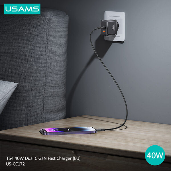 usams us cc172 t54 epitoichios fortistis gan fast charger 40w 2 x port type c 34 4