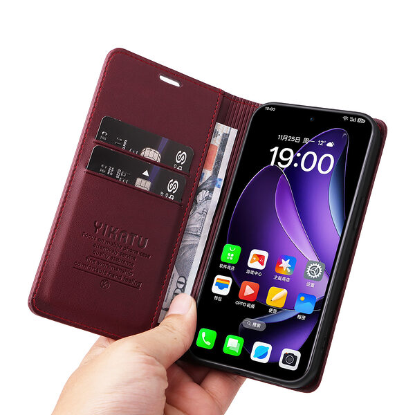 Θήκη Oppo Reno13 5G YIKATU Folio Series με βάση στήριξης, υποδοχή καρτών και μαγνητικό κούμπωμα Flip Wallet από συνθετικό δέρμα και TPU μπορντό / κόκκινο - Image 5