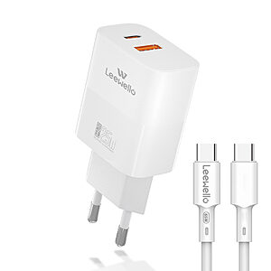 Leewello Fast Charger Kit 1 x φορτιστής (PD & QC 3.) 25W Fast Charger με θύρες 1xType-C + 1xUSB A και καλώδιο 65W USB-C σε USB-C (LW-CDQ20) - λευκός