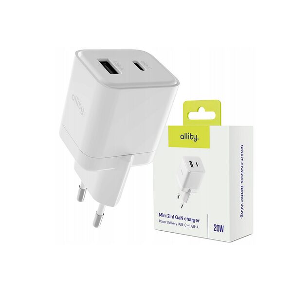 Φορτιστής τοίχου Allity GaN PD QC ATC-01-20WAC 1x USB-c 1x USB-a 20W λευκός - Image 1