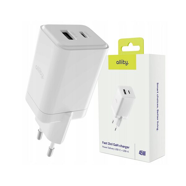 Φορτιστής τοίχου Allity GaN PD QC ATC-01-45WAC 1x USB-c 1x USB-a 45W λευκός - Image 1