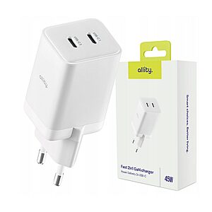 Φορτιστής τοίχου Allity GaN PD QC ATC-01-45WCC 2x USB-c 45W λευκός