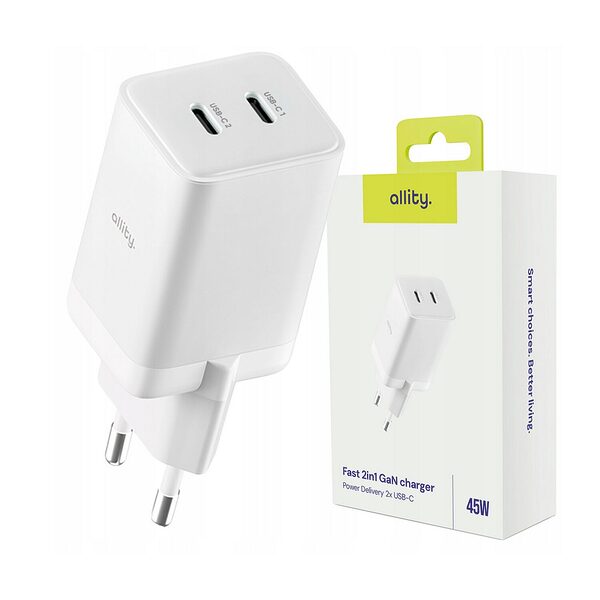 Φορτιστής τοίχου Allity GaN PD QC ATC-01-45WCC 2x USB-c 45W λευκός - Image 1